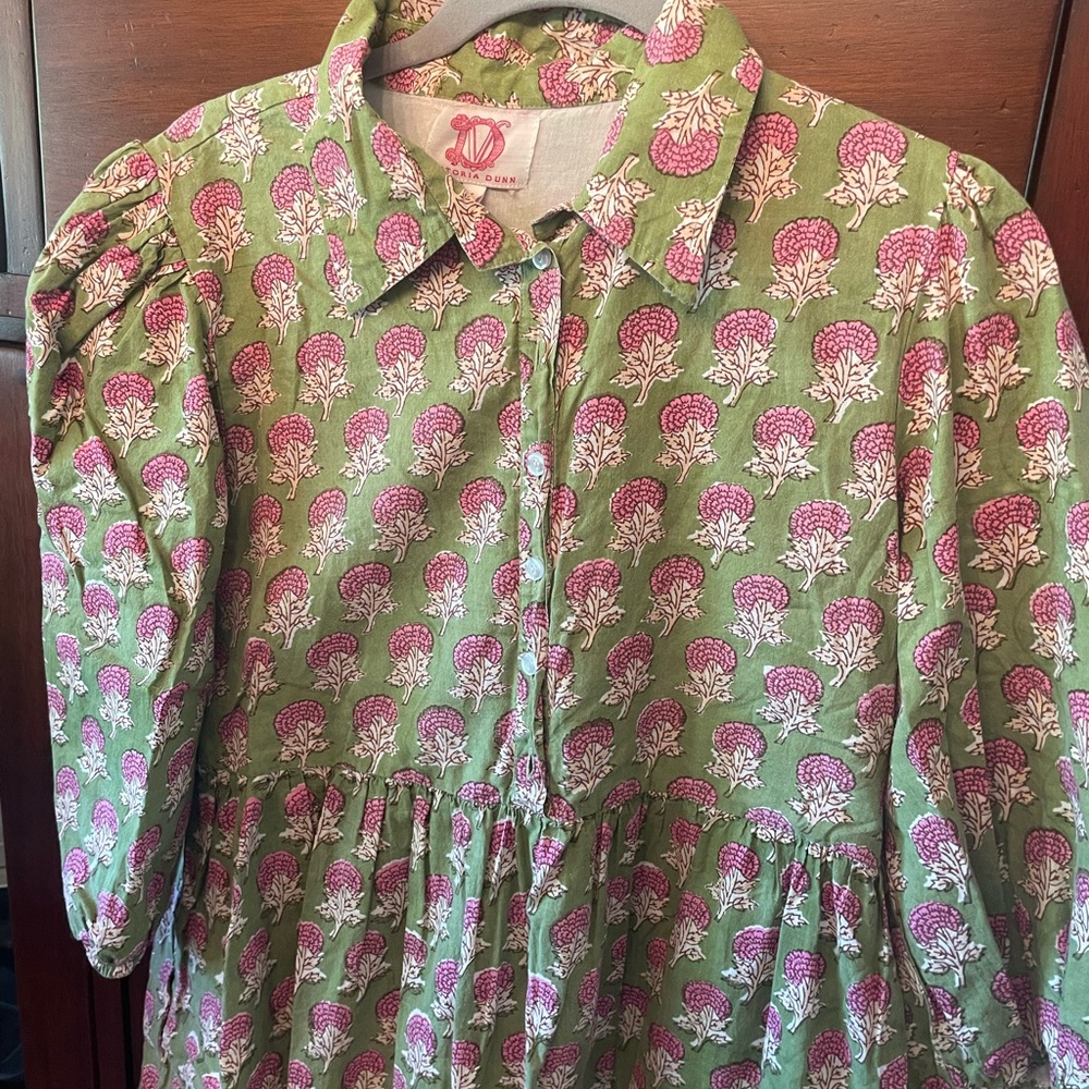 Medium Victoria Dunn dress in green and pink.